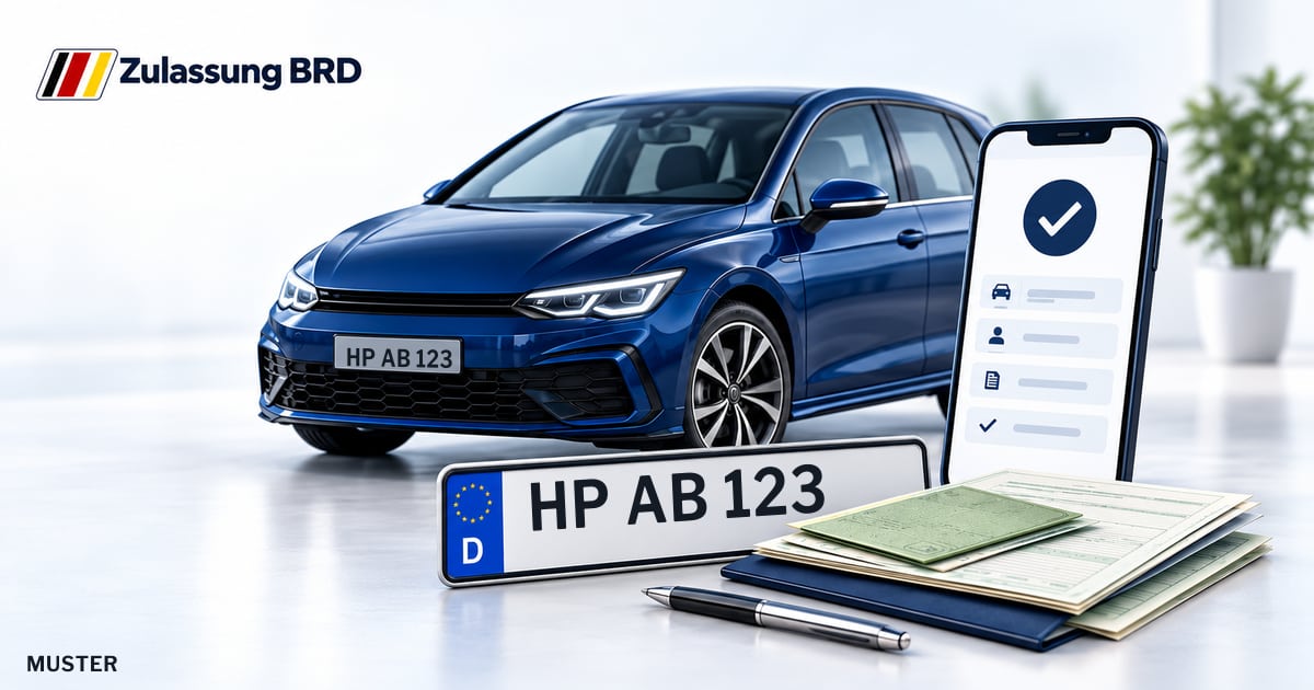 Online Fahrzeugzulassung in Bürstadt: Musterkennzeichen HP AB 123, Auto und Fahrzeugpapiere und Smartphone. Illustration mit Logo von Zulassung BRD.